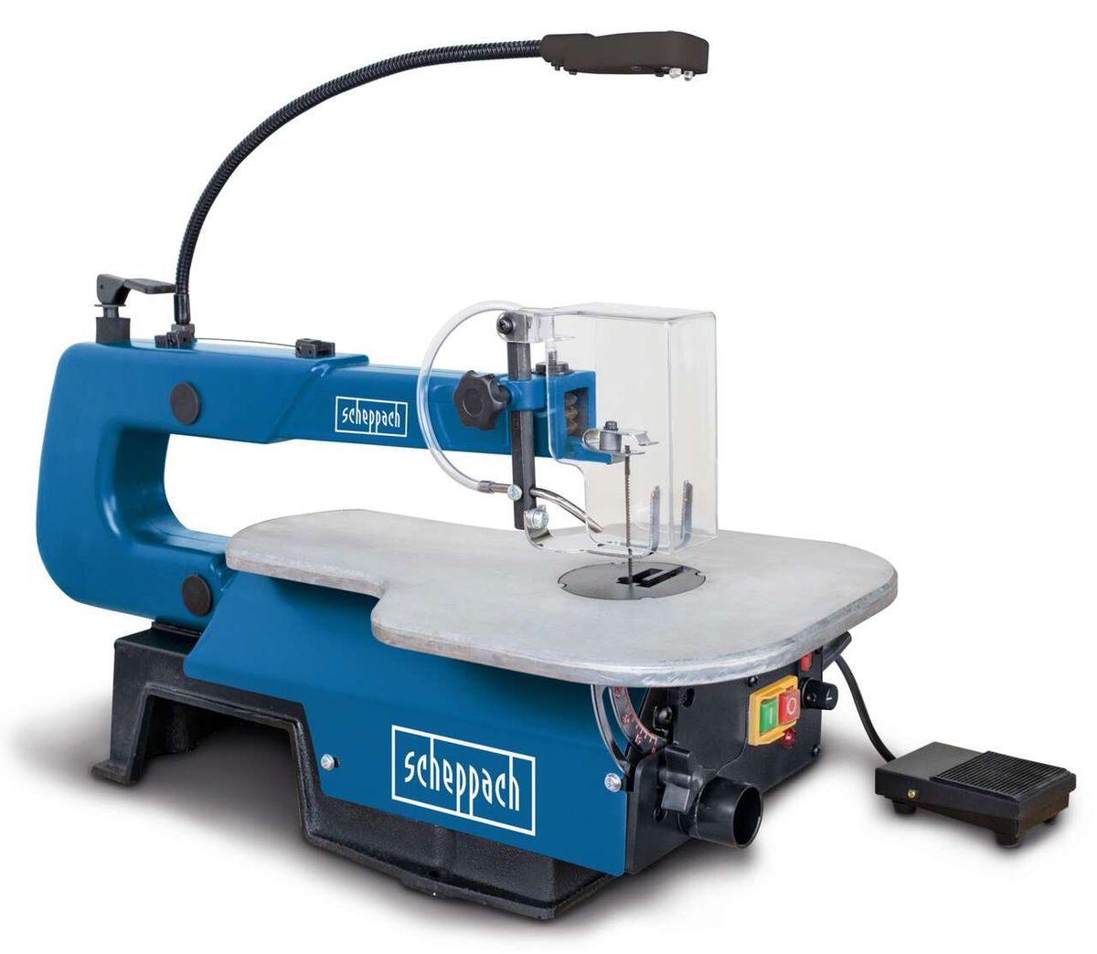 Dekupiersäge DECO-XL von Scheppach, inkl. Fußschalter, 230-240V, 50Hz, 125W, 50mm Schnittkapazität. Die Säge ist von der Seite gezeigt.