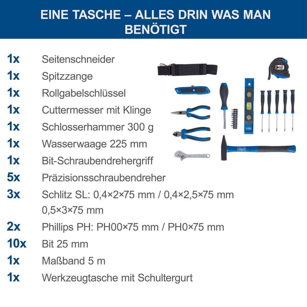Werkzeugset mit 23 Teilen für die Werkzeugtasche TC23 von Scheppach – inkl. Schraubendreher, Zangen, Hammer, Maßband und Bit-Set