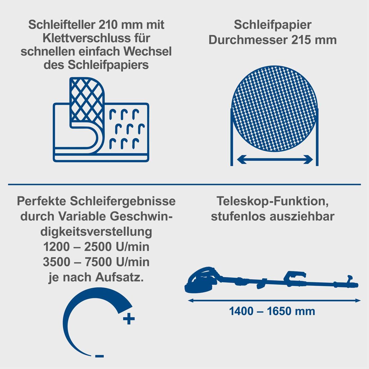 Wand- und Deckenschleifer mit Klettverschluss für Schleifkopf (210 mm) und Sandpapier (215 mm), perfekte Schleifergebnisse durch variable Drehzahl (1200–7500 U/min), teleskopierbarer Griff (1400–1650 mm)