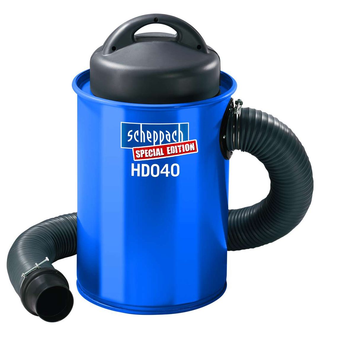 Absauganlage HD040 von Scheppach Special Edition, gezeigt von der Seite mit angeschlossenem Schlauch.