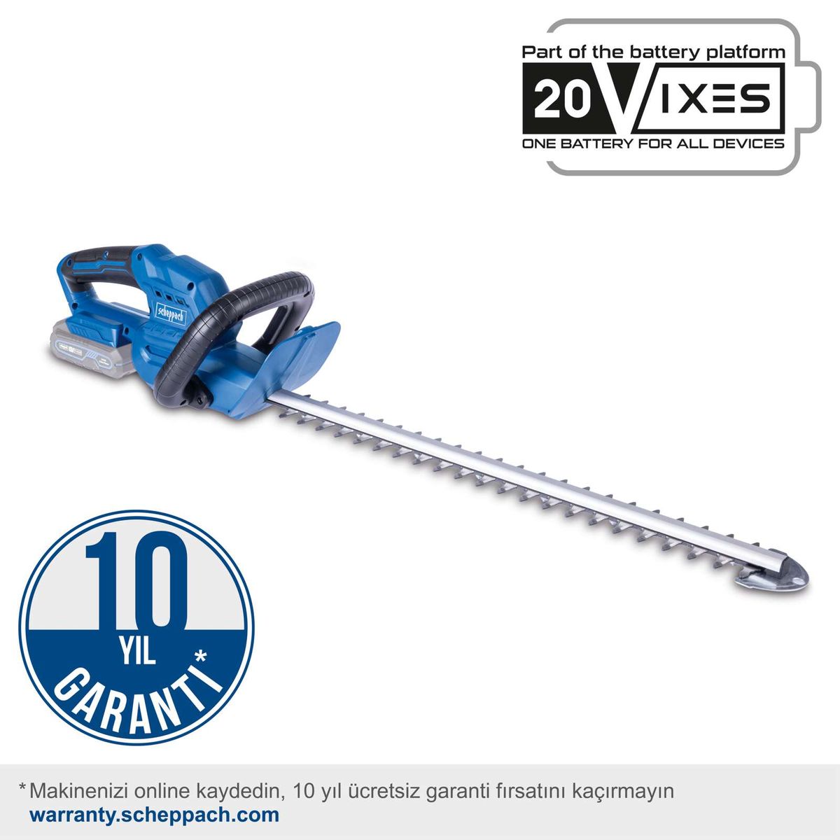 Die Akku-Heckenschere C-HT570-X von Scheppach bietet eine Schnittlänge von 510 mm und eine Schnittstärke von 16 mm. Das Schwert hat eine Länge von 560 mm. Mit Online-Registrierung erhalten Sie eine 10-jährige Garantie. Teil des 20V Max-Systems.