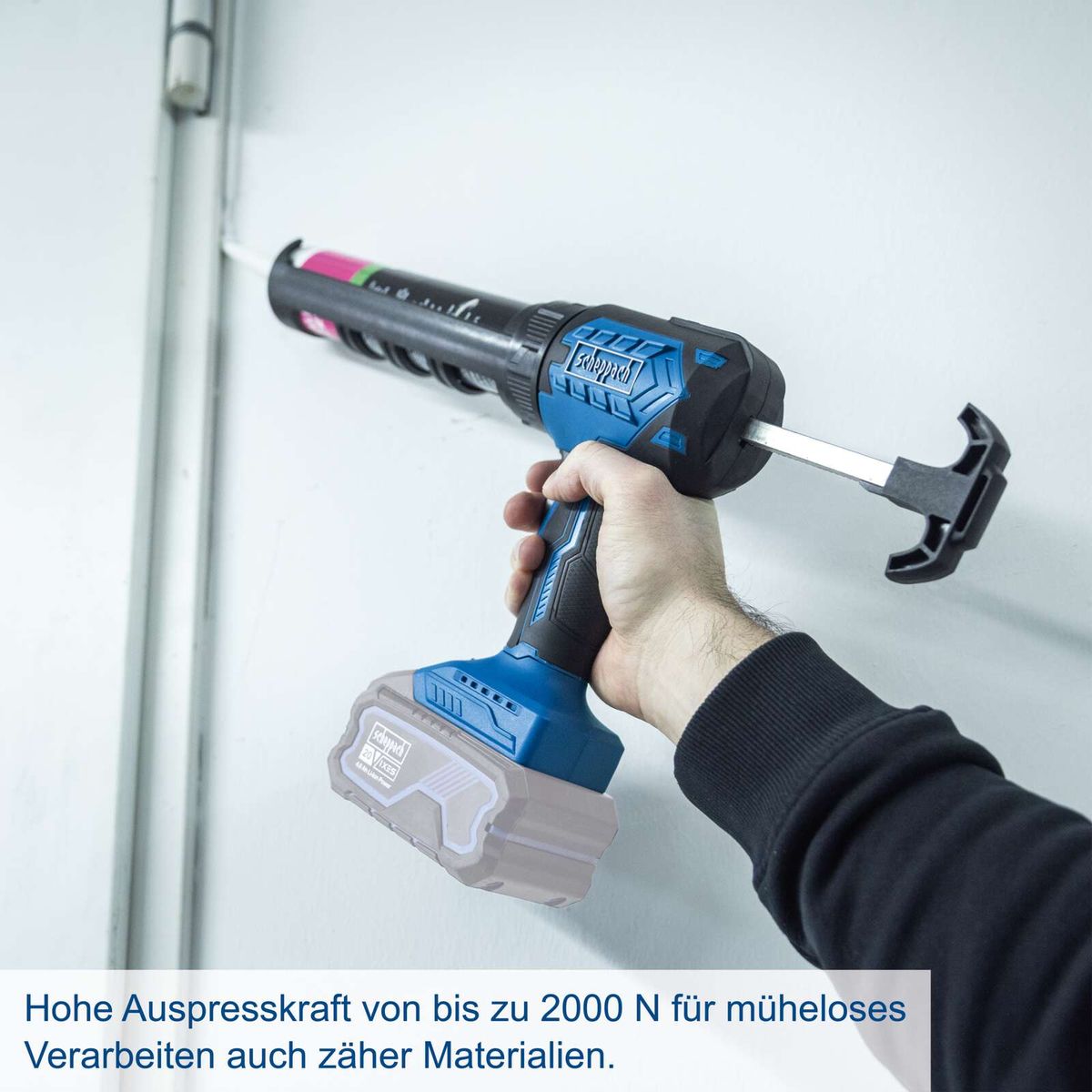 Scheppach Akku-Kartuschenpistole mit hoher Auspresskraft bis 2000 N für präzises Arbeiten mit zähen Materialien
