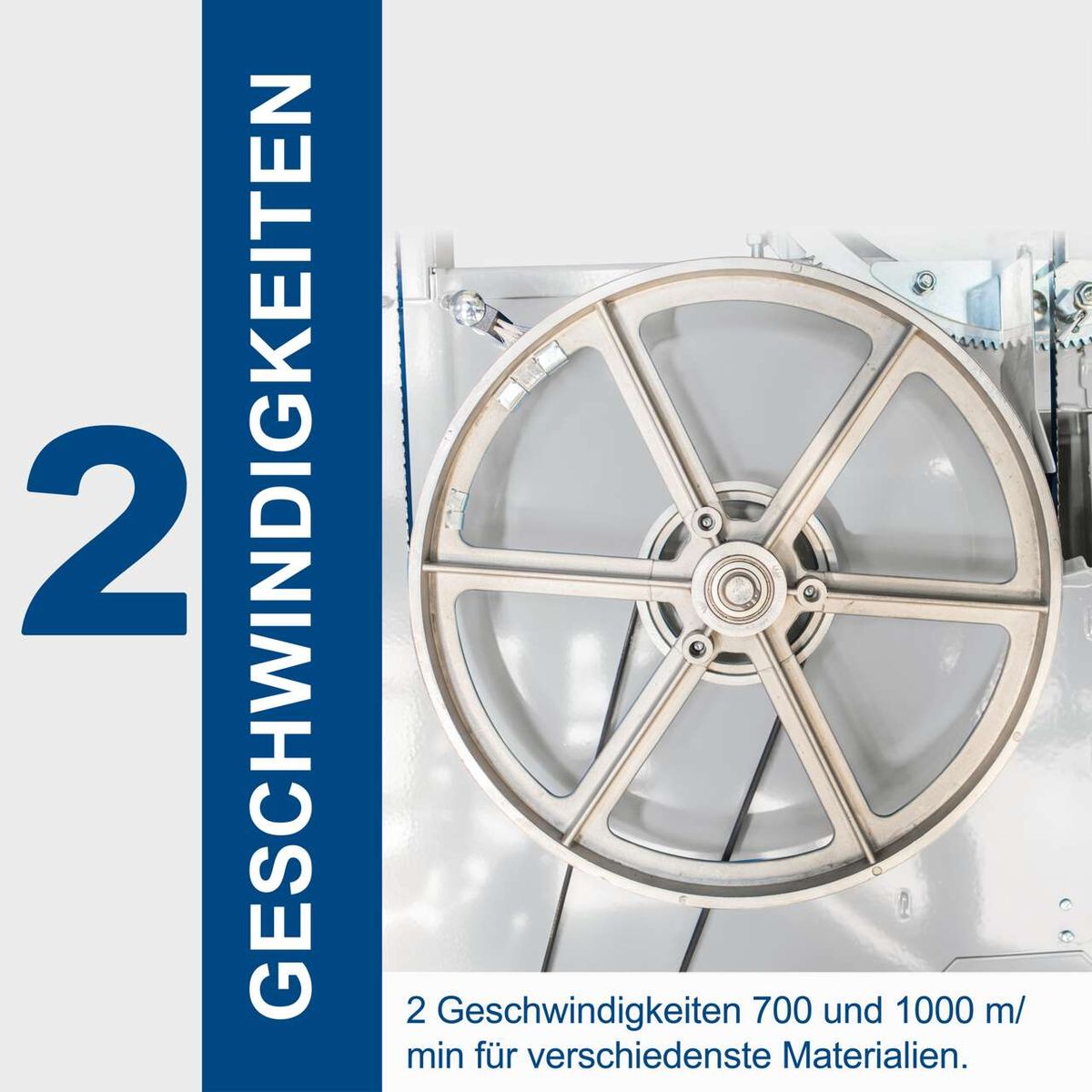 Die Bandsäge BASA 4 von Scheppach bietet zwei Geschwindigkeiten: 700 und 1000 m/min, ideal für verschiedene Materialien. Diese Flexibilität ermöglicht präzises Schneiden unterschiedlicher Werkstoffe.