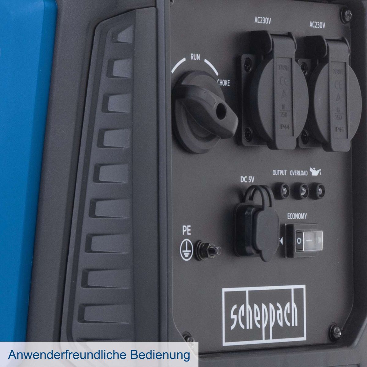 Scheppach-Inverter-Stromerzeuger mit Steuerungselementen für AC- und DC-Ausgänge, Choke-Funktion, Wirtschaftsmodus und Überlastschutz