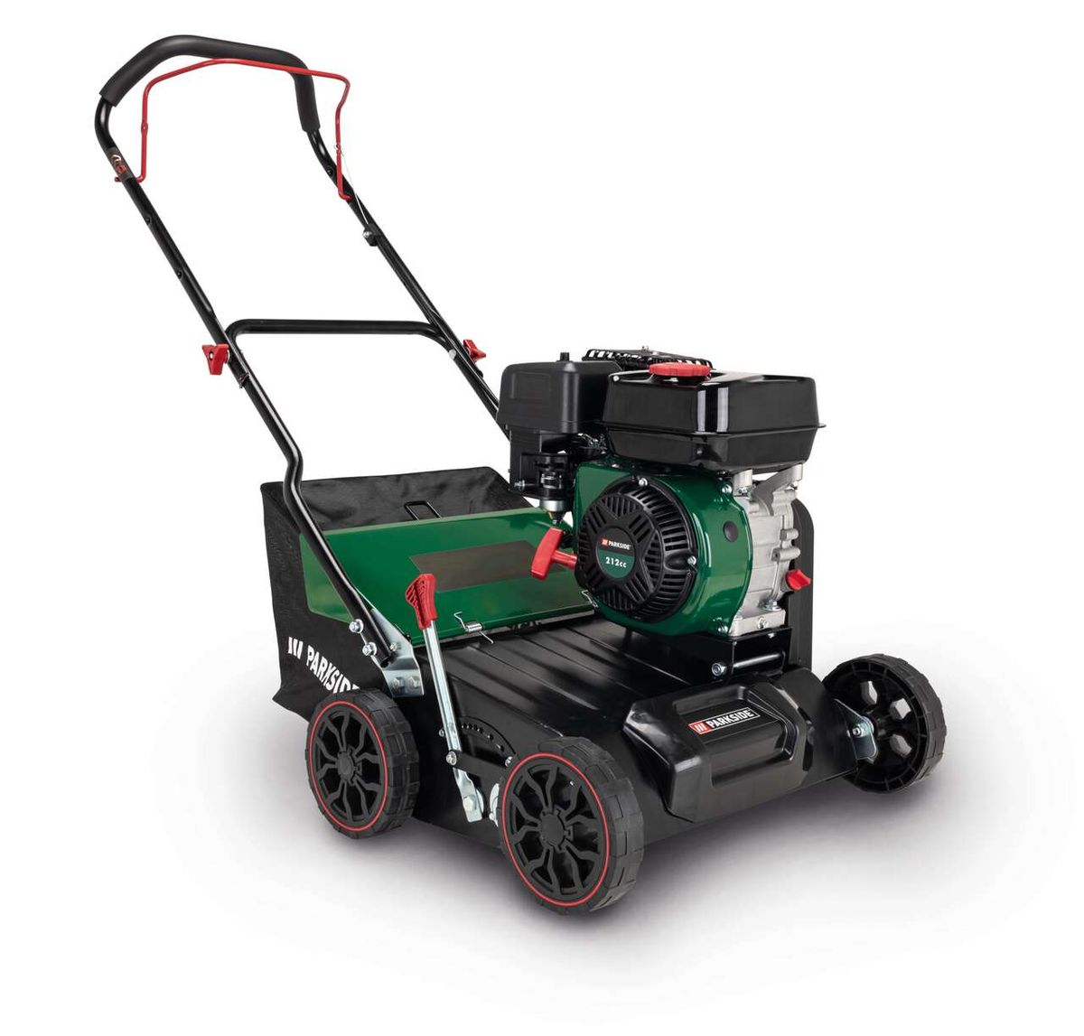 Vertikutierer PBV 4200 A1 Parkside LB8, seitliche Ansicht, mit schwarzem und grünem Gehäuse und schwarzem Motor.