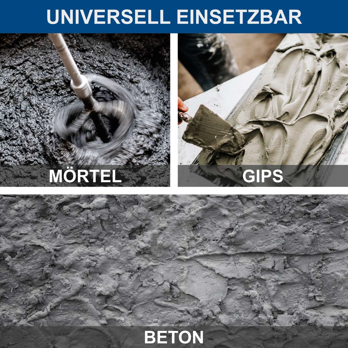 Beschreibung von Materialien für universelle Werkzeuge: Beton, Mörtel und Gips als Anwendungsbeispiele für das Scheppach-Rührwerk.