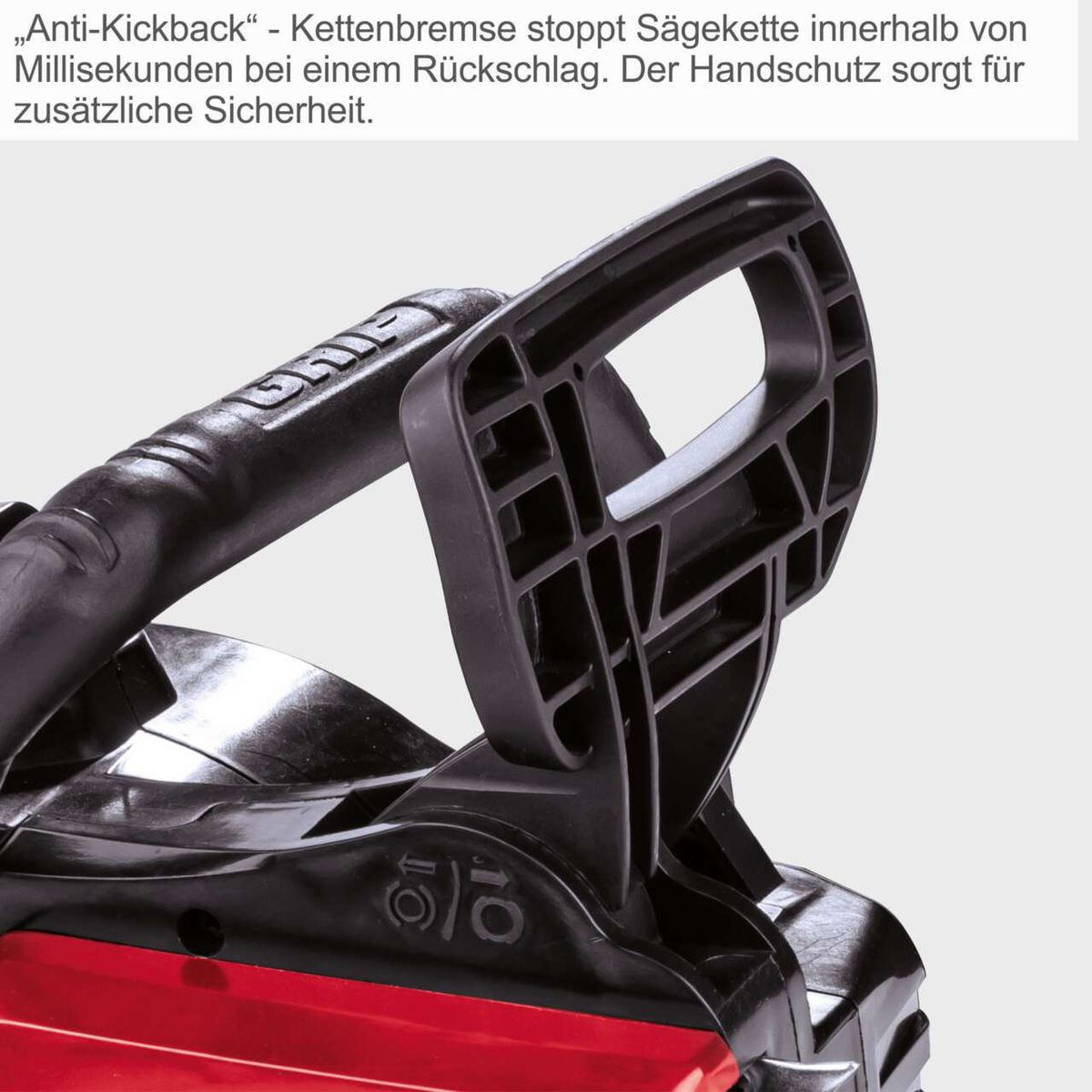 Anti-Kickback-Bremse für Sägeketten mit sofortiger Stoppfunktion bei Rückschlag, ergonomischer Handschutz
