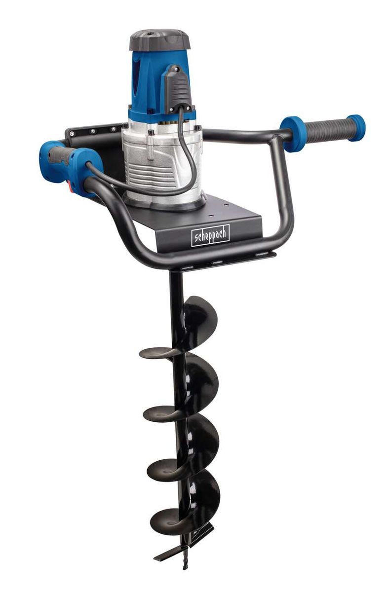 Elektro Erdbohrer EEB1500 von Scheppach, seitliche Ansicht mit Bohrspirale und Griffen.