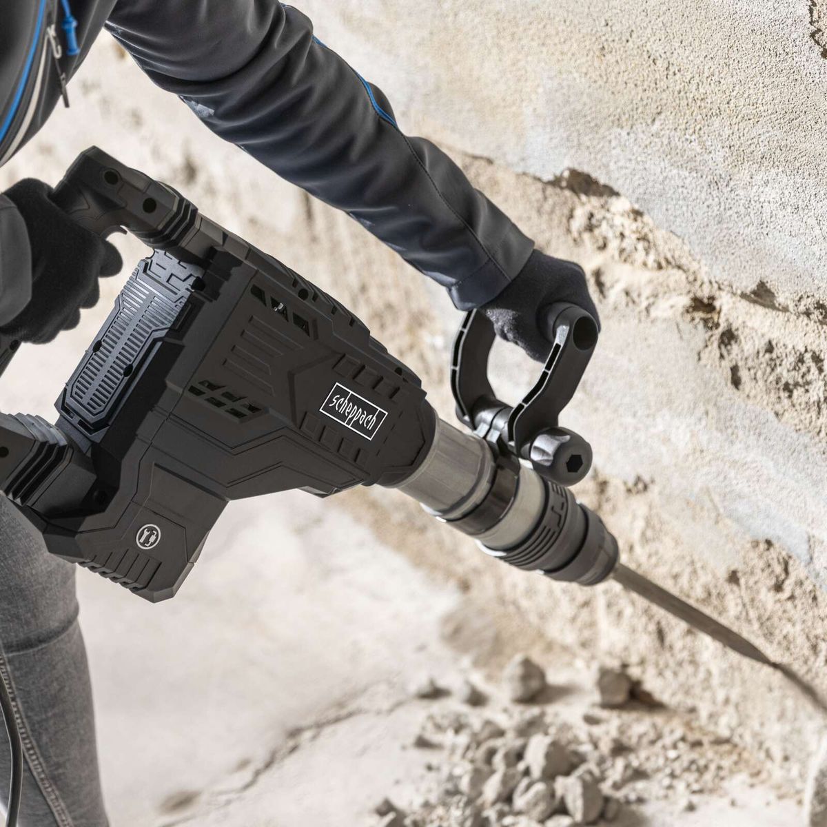 Scheppach-Abruchhammer mit SDS-Max-Anschluss und detaillierter Darstellung der Schlagmechanik und Halterung