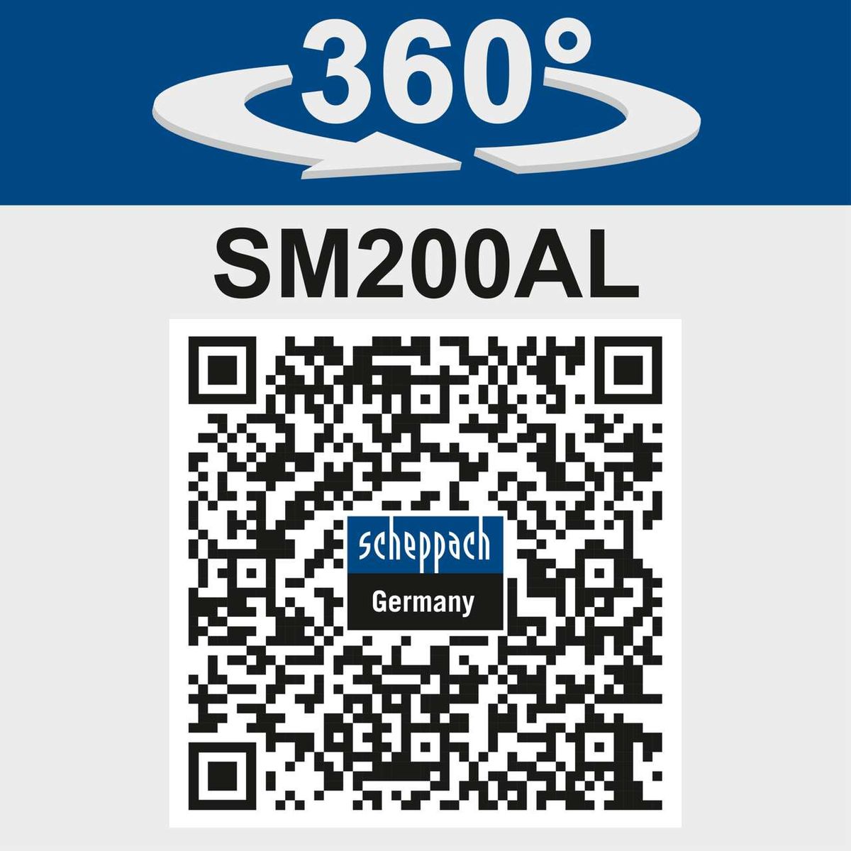 Scheppach-Doppelschleifer SM200AL mit 360°-LED-Beleuchtung und integriertem QR-Code für Scheppach-Garantie und Informationen