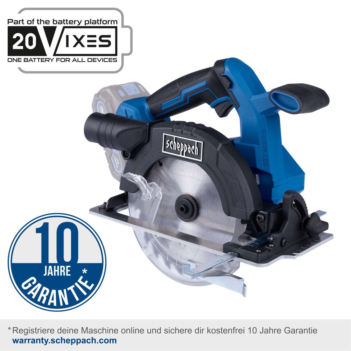 Akku-Handkreissäge BC-HCS165-X Scheppach mit 10 Jahren Garantie. Teil des 20VIXES Akkusystems. Brushless Motor für effizienten Betrieb. Sägeblatt mit 165mm Durchmesser und maximaler Schnitttiefe von 55mm.