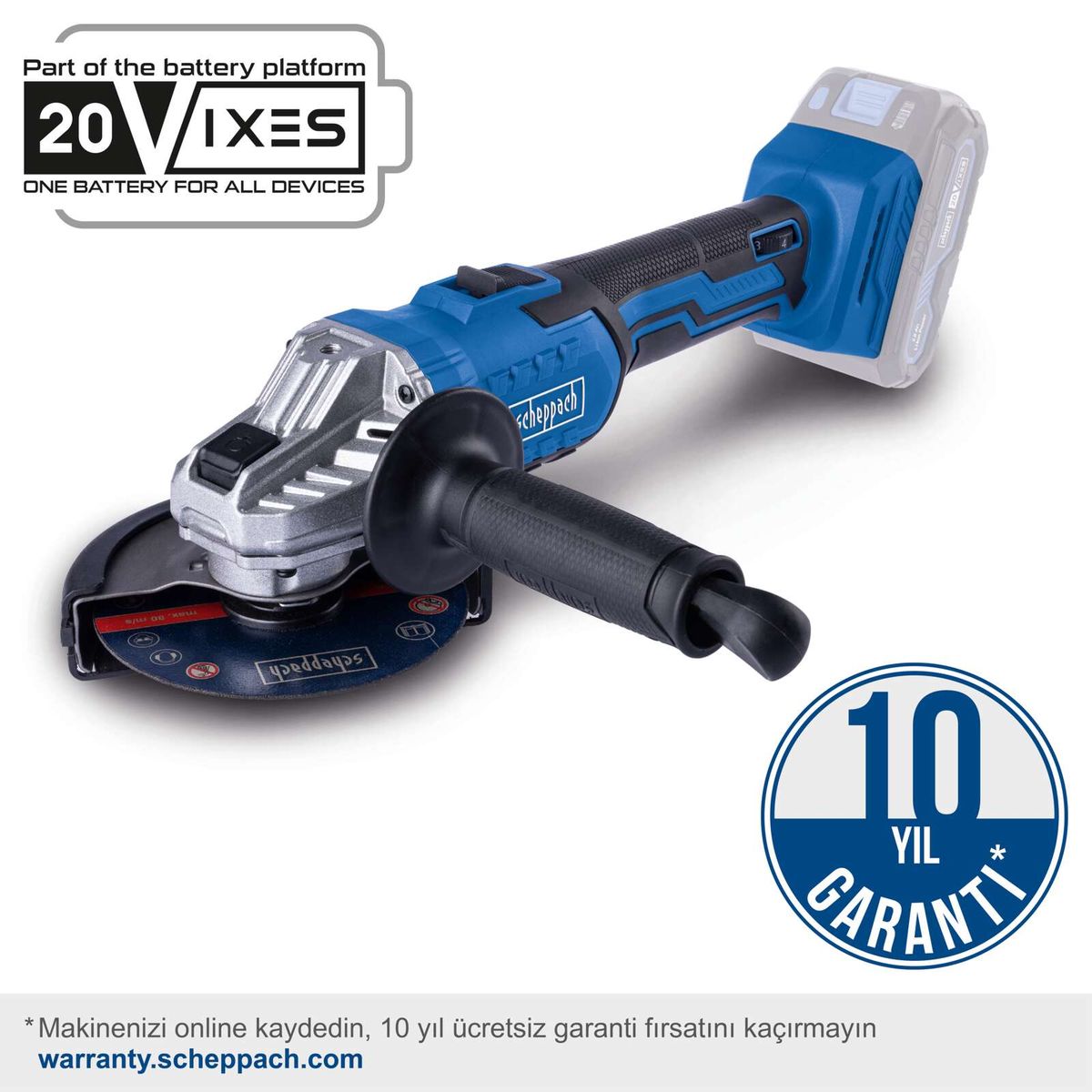 Akku-Winkelschleifer mit 10 Jahren Garantie, Teil der 20VIXES Batterieplattform 20V IXES. Eine Batterie für alle Geräte. Online registrieren für kostenlose Garantie.