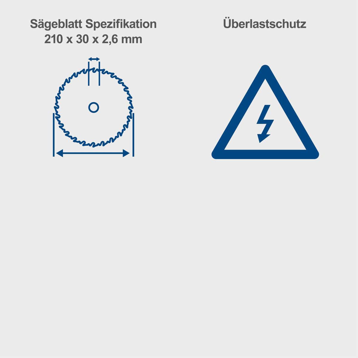Sägeblatt mit Maßen 210 x 30 x 2,6 mm für Tischkreissäge, Überspannschutzsymbol