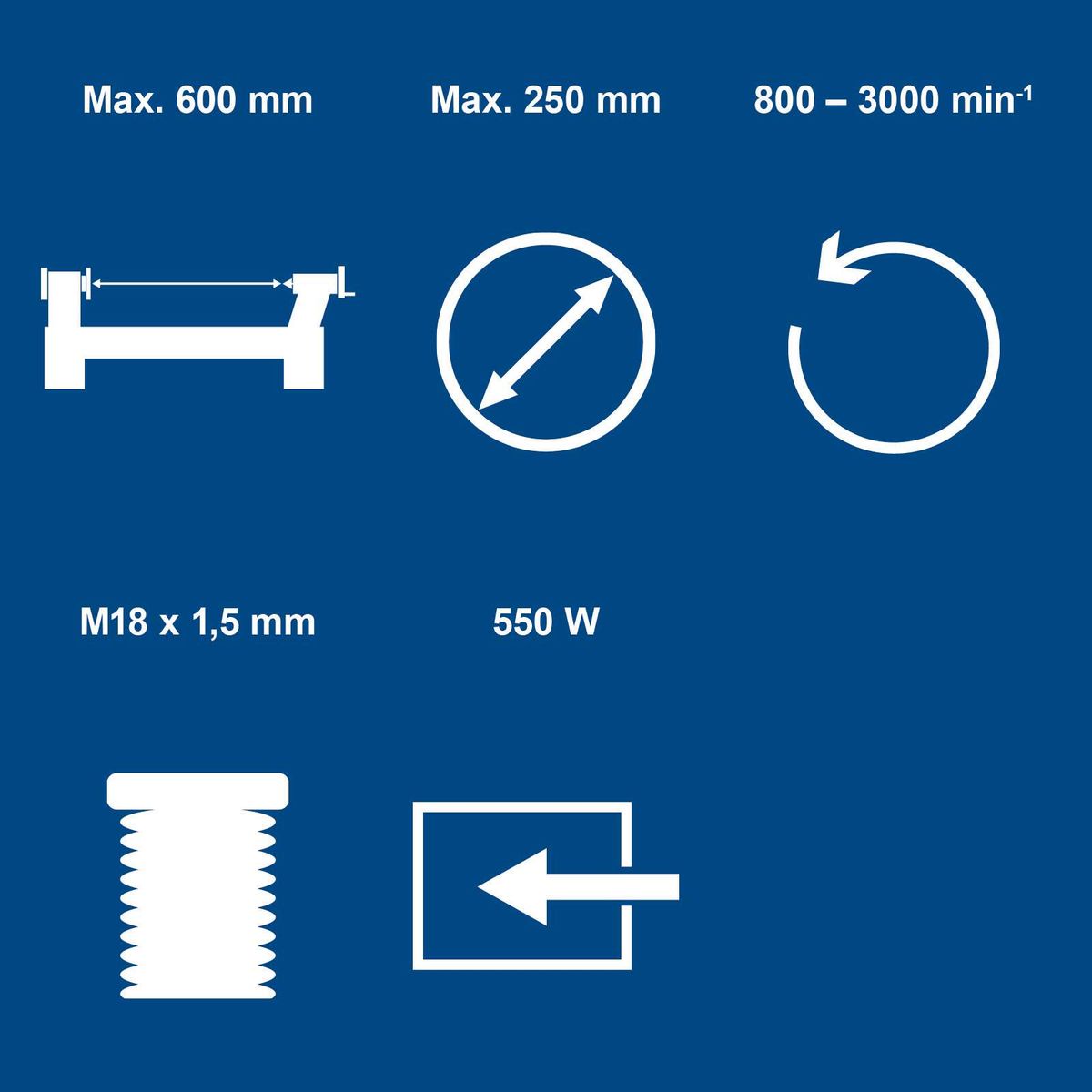 Technische Daten für Drechselmaschine: Maximaler Durchmesser 600 mm, Drehzahl 800–3000 U/min, M18 x 1,5 mm Gewinde, 550 W Leistung
