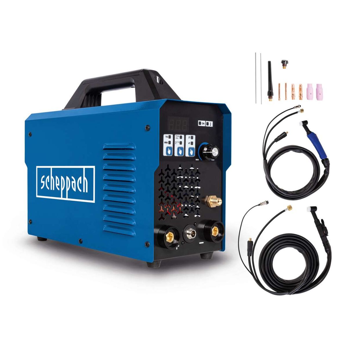 Das Schweißgerät WIG1000-Multi von Scheppach bietet Inverter WIG/MMA Technologie mit 160A Leistung, Pulsfunktion und 2- & 4-Takt Schweißen. Es ist mit verschiedenen Zubehörteilen wie Kabeln und Düsen ausgestattet.