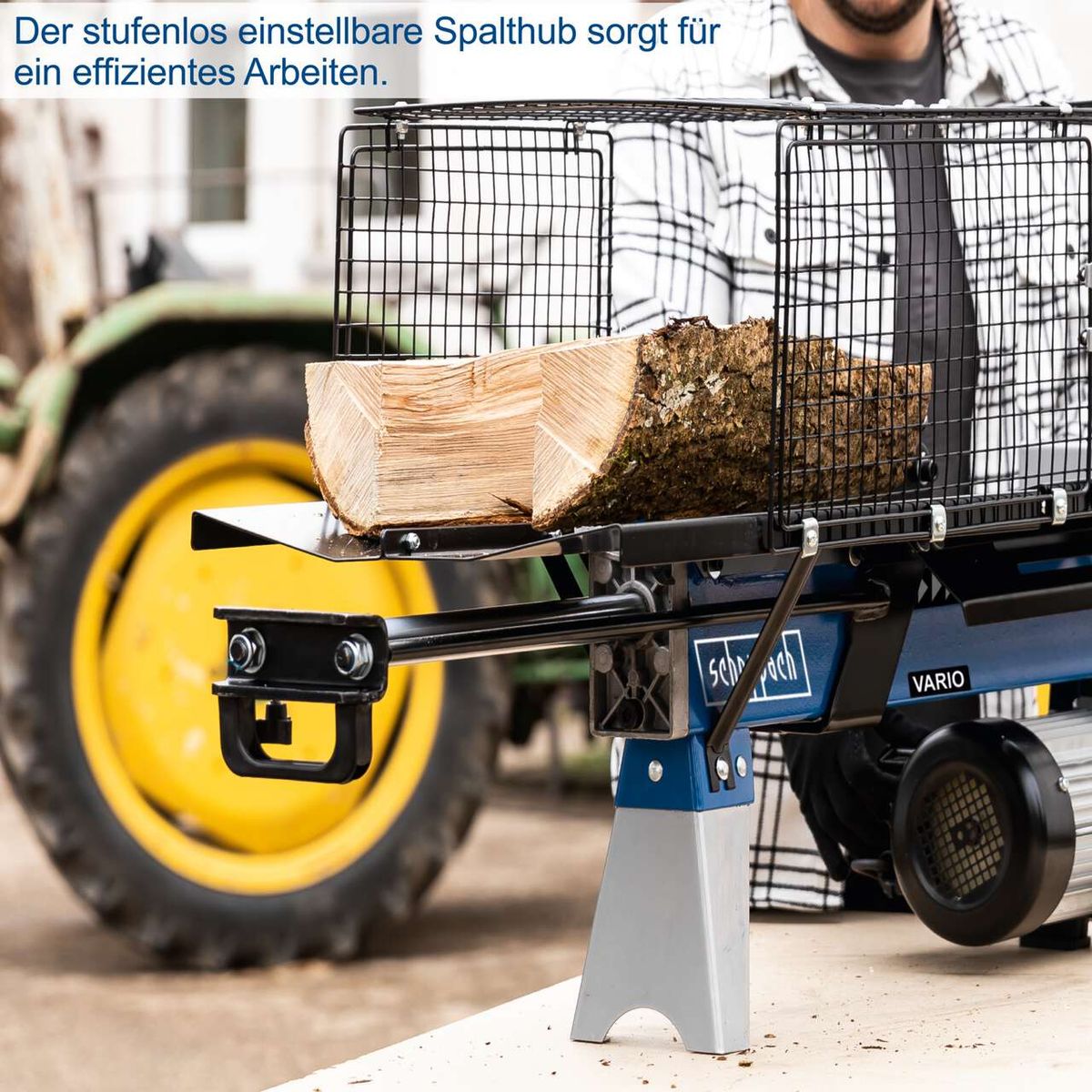 Liegend positionierter Scheppach-Holzspalter mit stufenlos einstellbarer Spalthubfunktion für effizientes Arbeiten