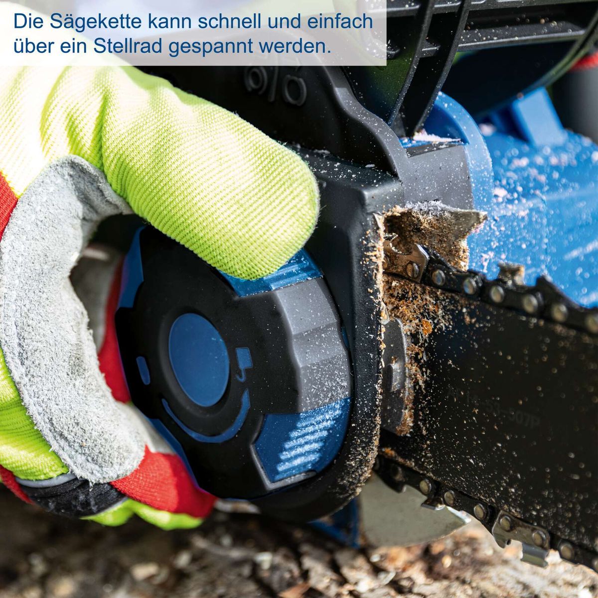 Die Sägekette kann schnell und einfach über ein Stellrad gespannt werden.