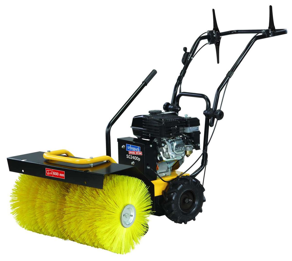 Kehrmaschine SC2400p von Scheppach, Special Edition, 600 mm breit, von der Seite fotografiert.