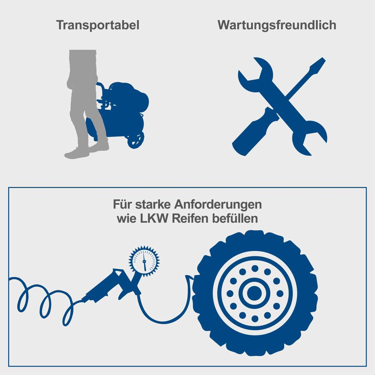 Der Scheppach Kompressor HC53DC ist transportabel und wartungsfreundlich. Er eignet sich für anspruchsvolle Aufgaben wie das Befüllen von LKW-Reifen.