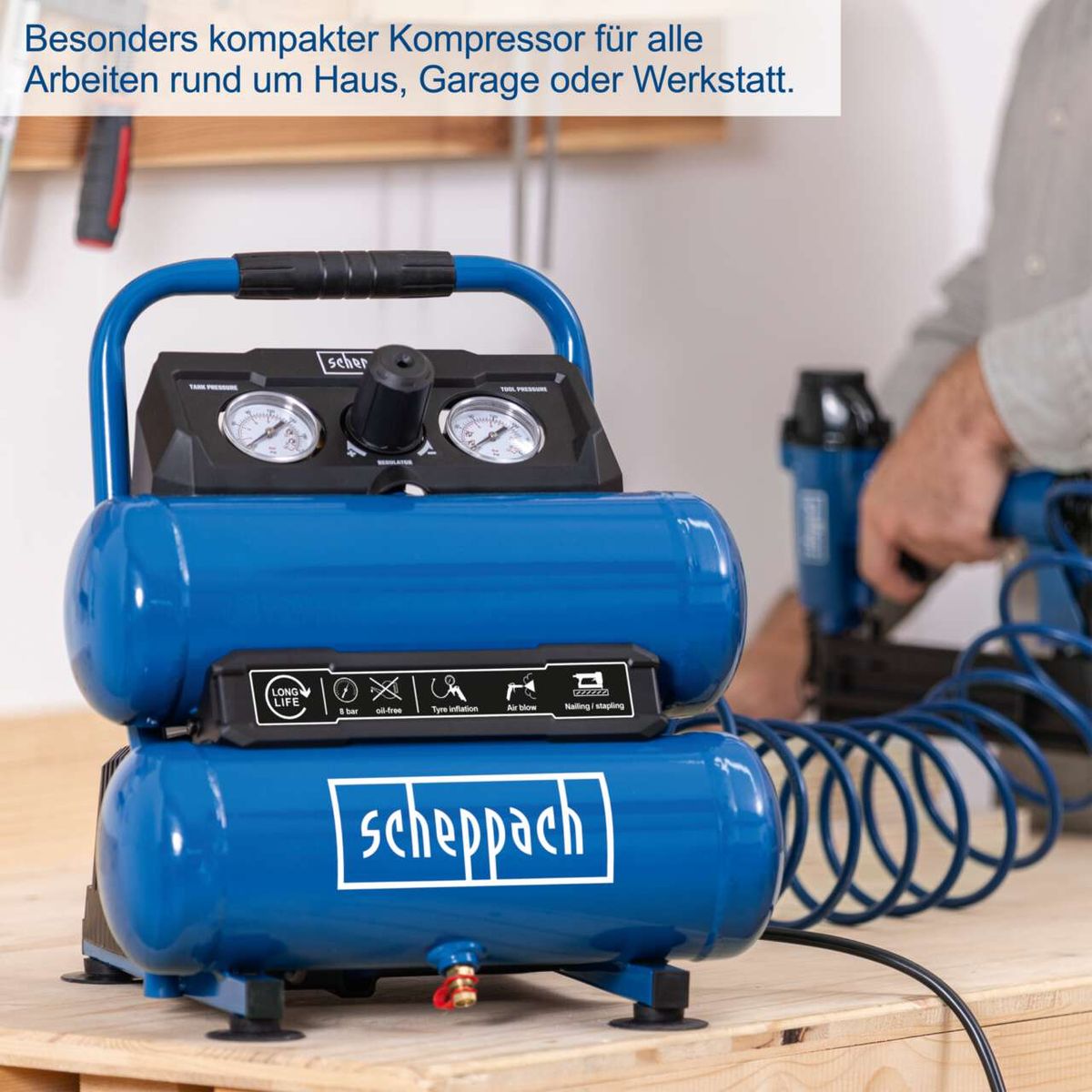 Der Scheppach Kompressor HC10-Twin ist 8 bar leistungsstark, ölfrei und wartungsarm. Er hat einen 7,5 Liter Kessel und ist kompakt.