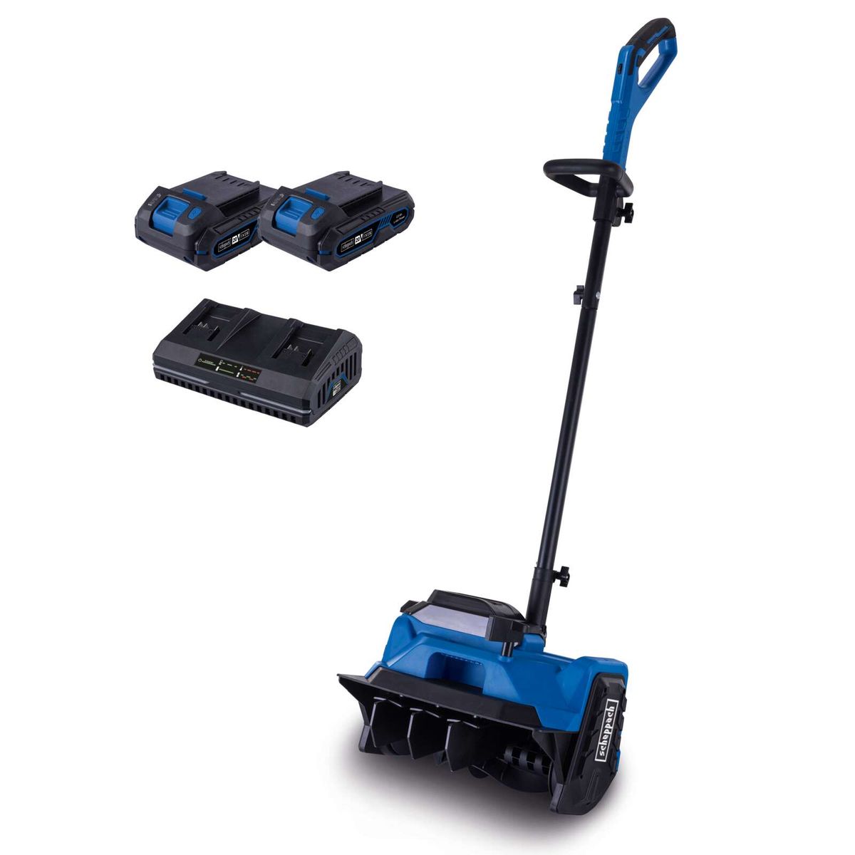 Scheppach Akku-Schneefräse mit Akkusatzset für effizientes Schneeräumen, inkl. Handgriff und Schneefräse