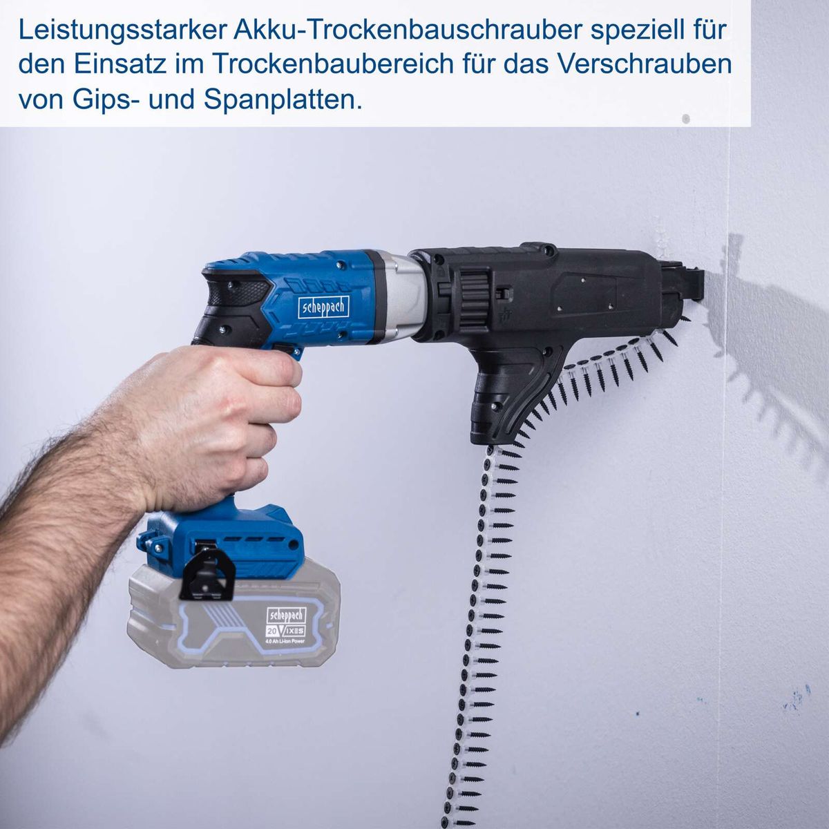 Akku-Trockenschrauber für Gips- und Spanplatten mit spezieller Verwendungsbeschreibung im Trockenbau