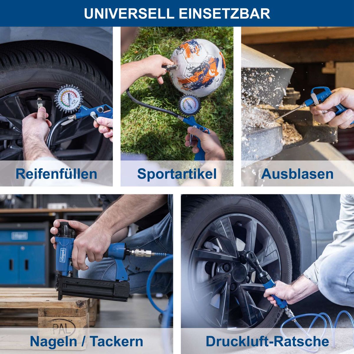 Universal einsetzbare Dienstleistungen für Reifen, Sportartikel und Lufttechnik: Luftzufüllen, Ausblasen, Nageln/Tackern, Druckluft-Radsätze