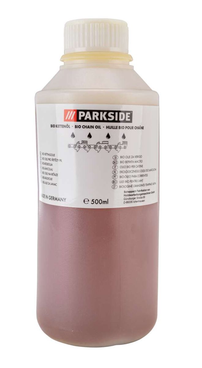 Flasche mit Bio-Kettensägenöl von Parkside, 500 ml, hergestellt in Deutschland. Die Flasche wird von vorne gezeigt.