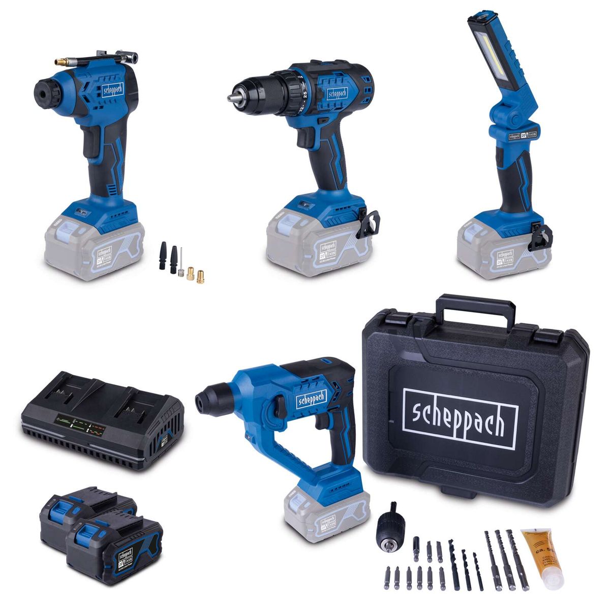Das Akku-Aktions-Set AS300 von Scheppach umfasst einen Bohrhammer, einen Bohrschrauber, einen Handkompressor und eine Arbeitsleuchte. Inklusive 4Ah Akku und 2,4A Doppelladegerät. Ideal für Heimwerkerprojekte.