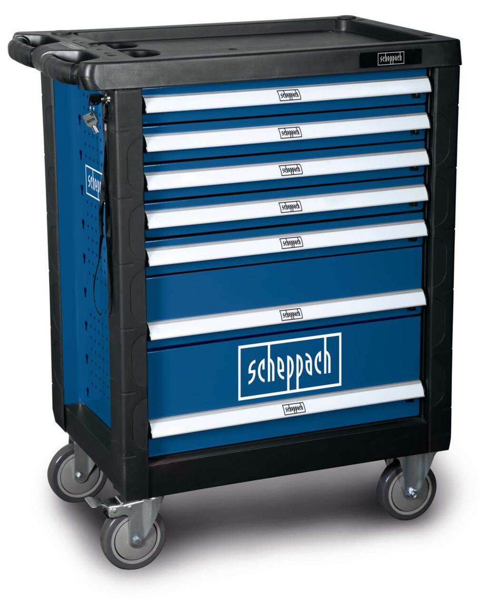 Werkstattwagen TW1000BT von Scheppach, 7-Schubladen, abschließbar, mobil. Gezeigt von der Seite.