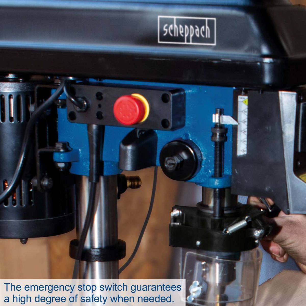 Emergency stop switch for safety feature on Scheppach bench drill