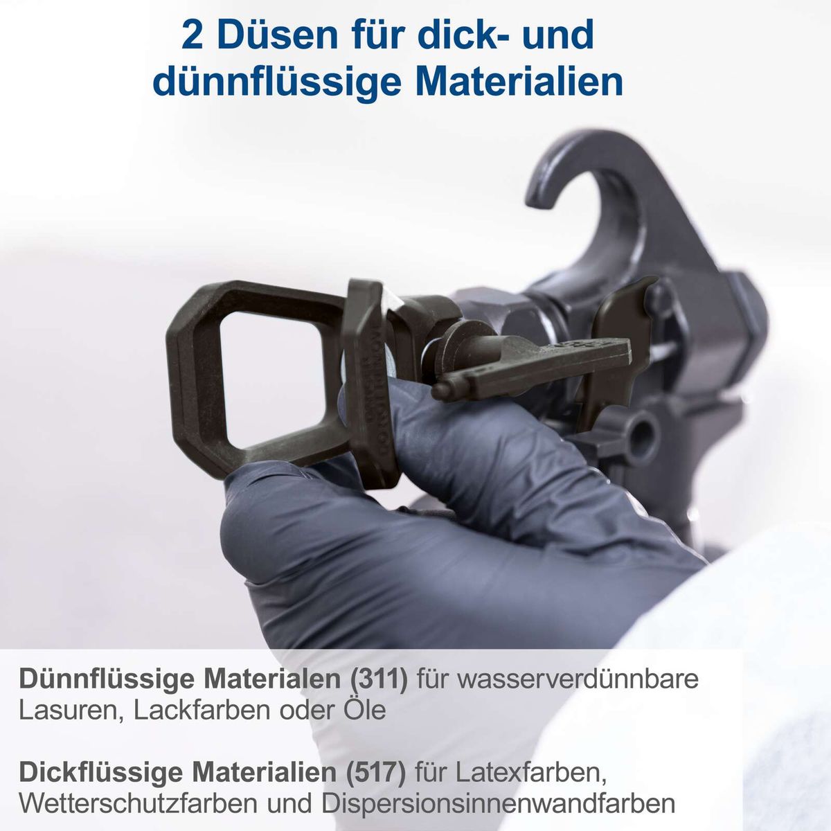Düsen für dünnflüssige und dickflüssige Materialien für Scheppach-Sprühsysteme, inklusive Filter für Lasuren, Lacke und Öle sowie Latexfarben und Wetterschutzfarben