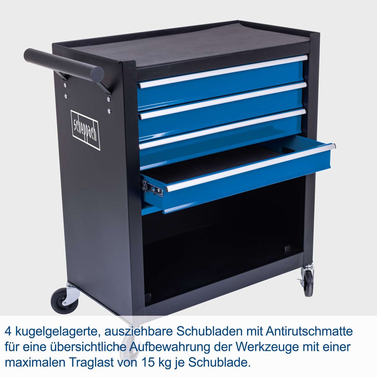 Werkzeugaufbewahrungstrolley mit vier ausziehbaren Schubladen, antirutschmattenbesetzt, maximal 15 kg Traglast pro Schublade
