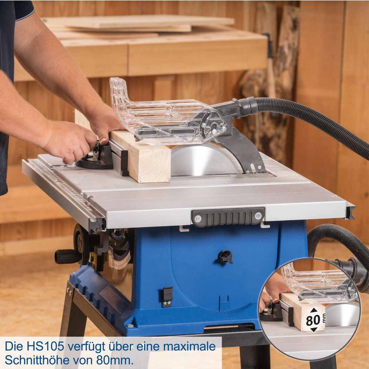 Die Tischkreissäge HS105 von Scheppach verfügt über eine maximale Schnitthöhe von 80mm und eine Leistung von 2000W. Sie ist inklusive Verbreiterungen und Untergestell erhältlich.