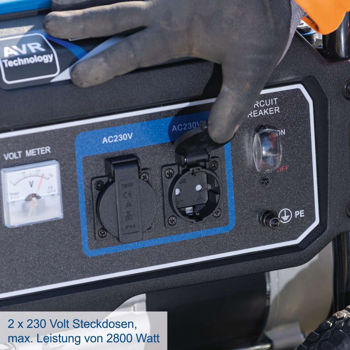 Stromerzeuger mit zwei 230-V-Steckdosen, max. 2800 Watt Leistung, inkl. Schaltkreisbrecher und Voltmeter