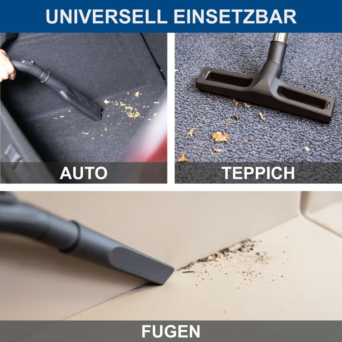 Universal einsetzbare Elektro-Nass-/Trockensauger-Funktion für Autoteppiche, Bodenfugen und Teppiche