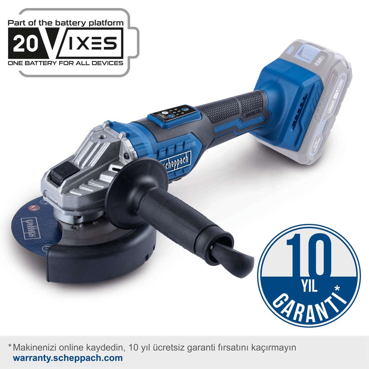 Der Akku-Winkelschleifer BC-AG125-X von Scheppach ist Teil der 20VIXES Batterieplattform. Er bietet eine 10-jährige Garantie bei Online-Registrierung. Die Garantie kann unter warranty.scheppach.com aktiviert werden.