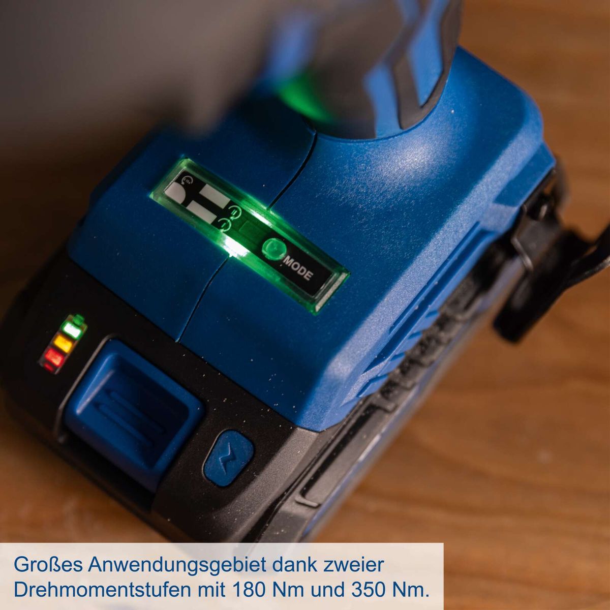 Scheppach-Werkzeug mit zwei Drehmomentstufen (180 Nm und 350 Nm) für breites Anwendungsgebiet