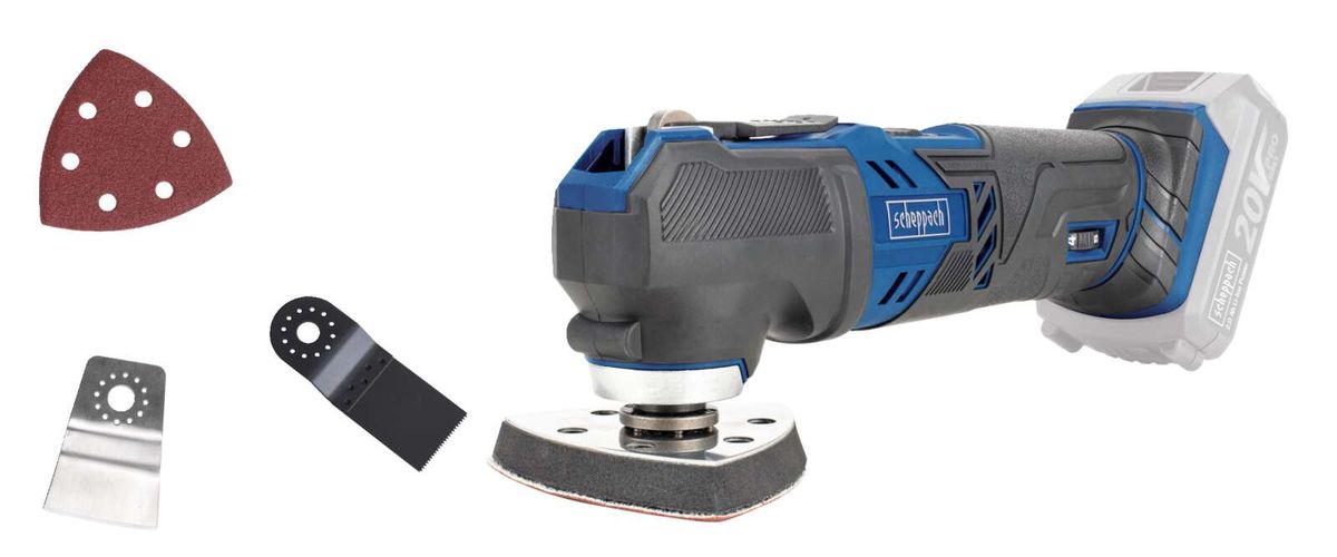 Scheppach 20V Akku-Winkelschleifer mit verschiedenen Schleifaufsätzen. Gezeigt werden ein Dreiecksschleifblatt, ein Schleifteller und ein Trennblatt.