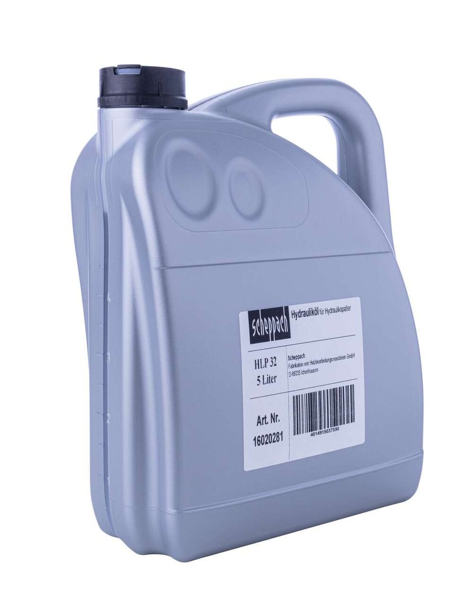 Hydrauliköl 5 Liter Scheppach, HLP 32, Artikelnummer 16020281, 5-Liter-Kanister von der Seite.