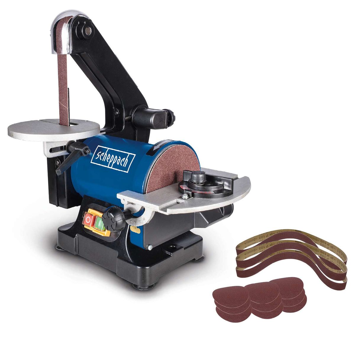 Belt & Disc Sander BTS700 by Scheppach with tilting table and dust extractor. Includes sanding belts and discs. Shown from the side.