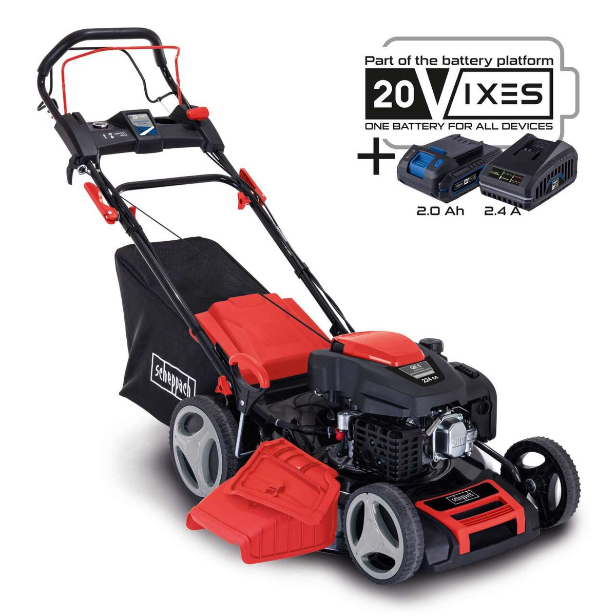 Der Benzin-Rasenmäher MS225-53E VS von Scheppach ist Teil der 20VIXES Akkuplattform. Er kann mit 2.0 Ah und 2.4 A Akkus betrieben werden. Ein Akku für alle Geräte.