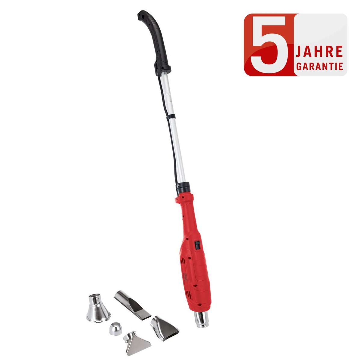 Heißluft-Unkrautvernichter mit 5 Jahren Garantie, inklusive 5 Düsen für verschiedene Anwendungen.