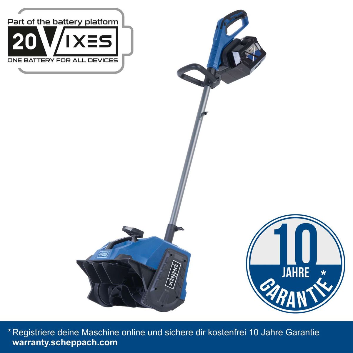 Scheppach Akku Schneefräse mit 10-jähriger Garantie, 20V-Batterie-System, inkl. Registrierung für kostenlose Garantie über warranty.scheppach.com