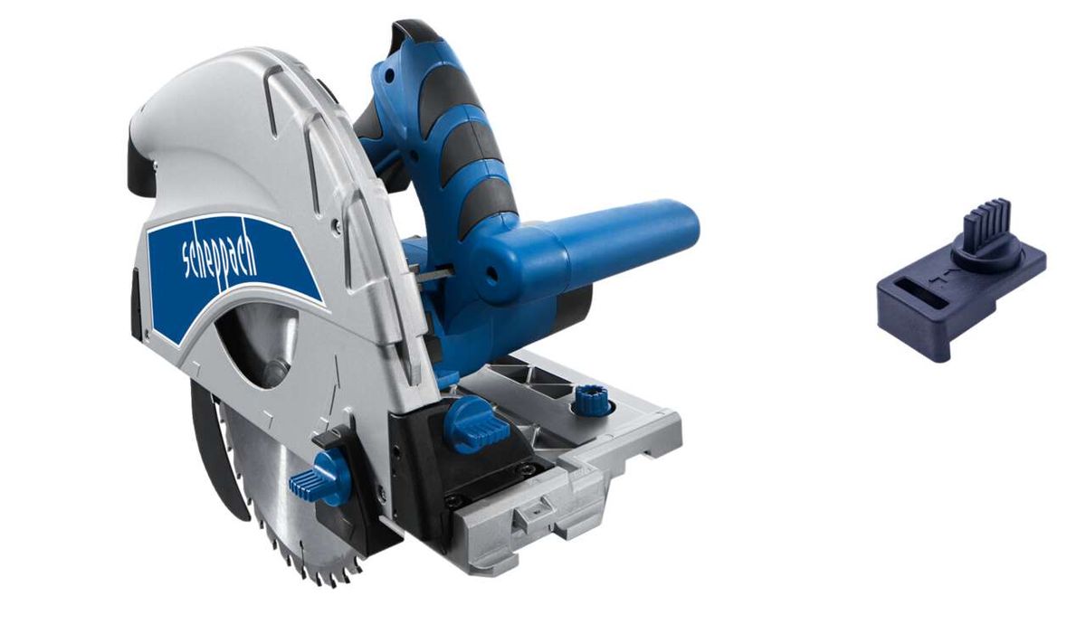 Scheppach PL75 plunge saw with accessory part. The saw is shown from the front.