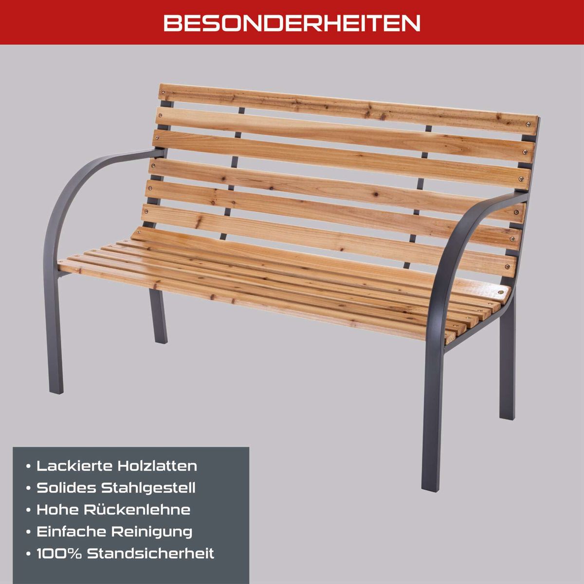Holzbenchsitzbank mit lackierten Holzlatten und stabilen Stahlrahmen, hohe Rückenlehne für Komfort, einfache Reinigung, 100% stabile Standfestigkeit