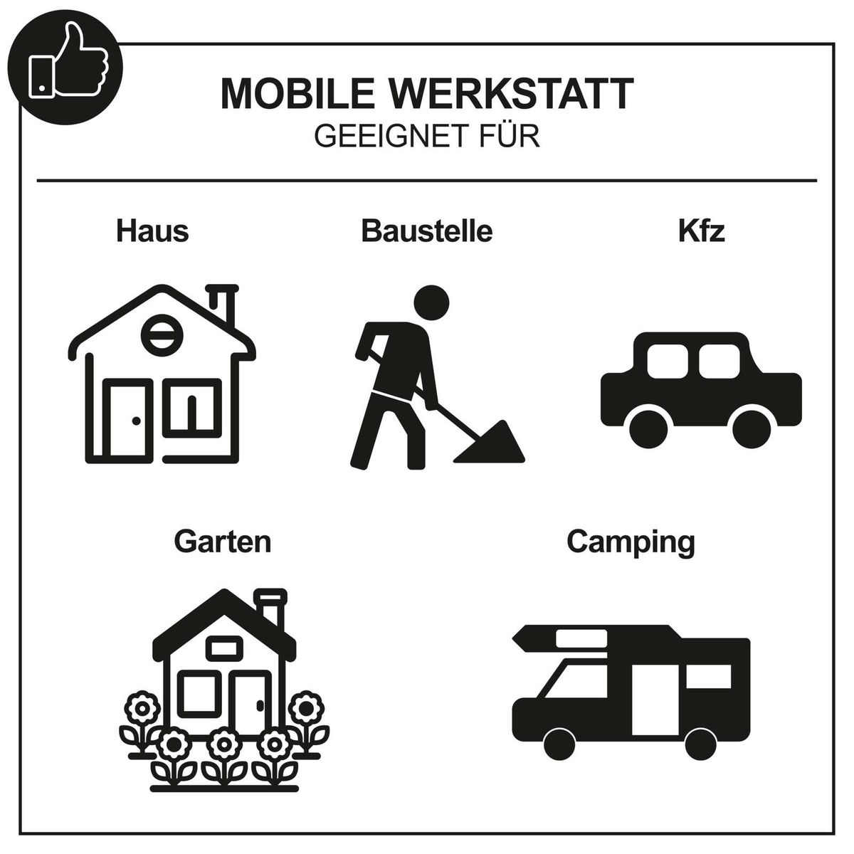 Die mobile Werkstatt ist geeignet für Haus, Baustelle, Kfz, Garten und Camping. Sie bietet vielseitige Anwendungsmöglichkeiten für verschiedene Bereiche.