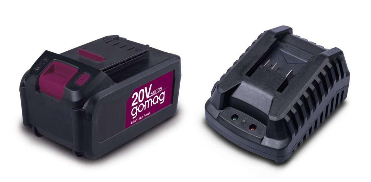 Gomag Akku Starterkit 20V GO-SK4.0. Ersatzakku 4Ah und Ladegerät. Ansicht von links oben.