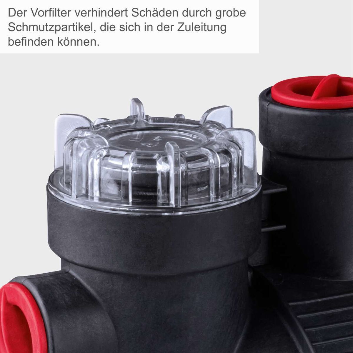 Der Vorfilter verhindert Schäden durch grobe Schmutzpartikel, die sich in der Zuleitung befinden können. Er ist Teil des Hauswasserautomaten mit Display GP1100JET LCD Scheppach.