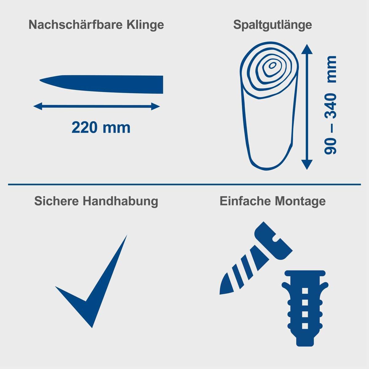 Das Scheppach-Handholzspalter Spanmesser hat eine nachschärfbare Klinge von 220 mm Länge und ist für Spaltgutlängen von 90-340 mm geeignet. Es bietet eine sichere Handhabung und einfache Montage.
